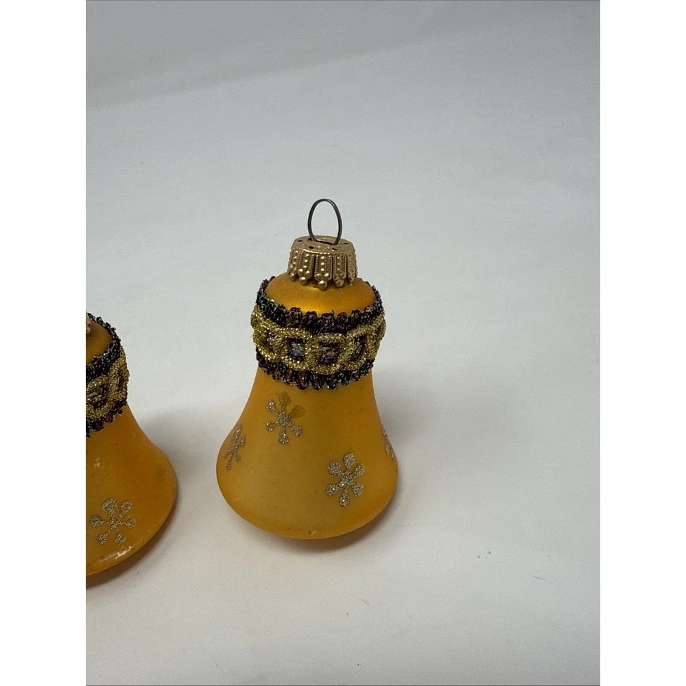 Vintage West Germany 3‎ Bells Stenciled Red Gold Glittered Blown Glass Ornaments